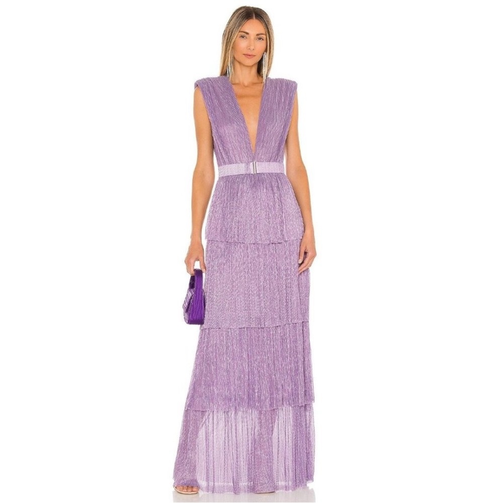 Sabina Musáyev Skylar Tiered Belted Metallic Gown